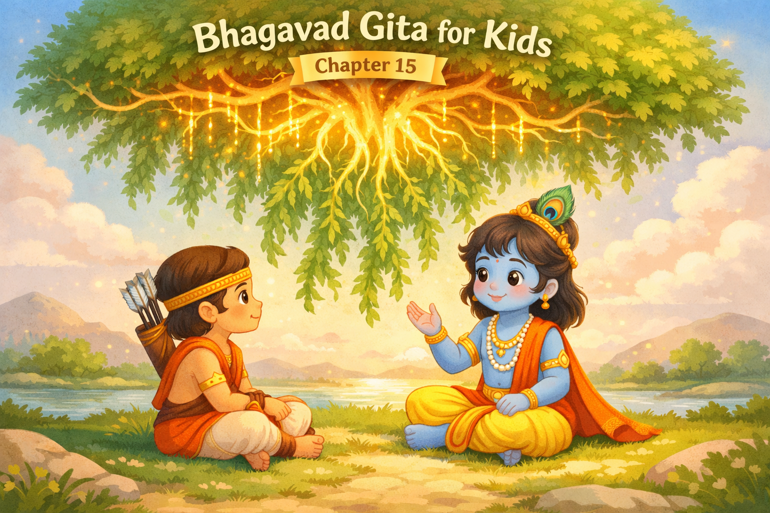 Bhagavad Gita for Kids Chapter 15 Krishna guiding children under upside-down tree