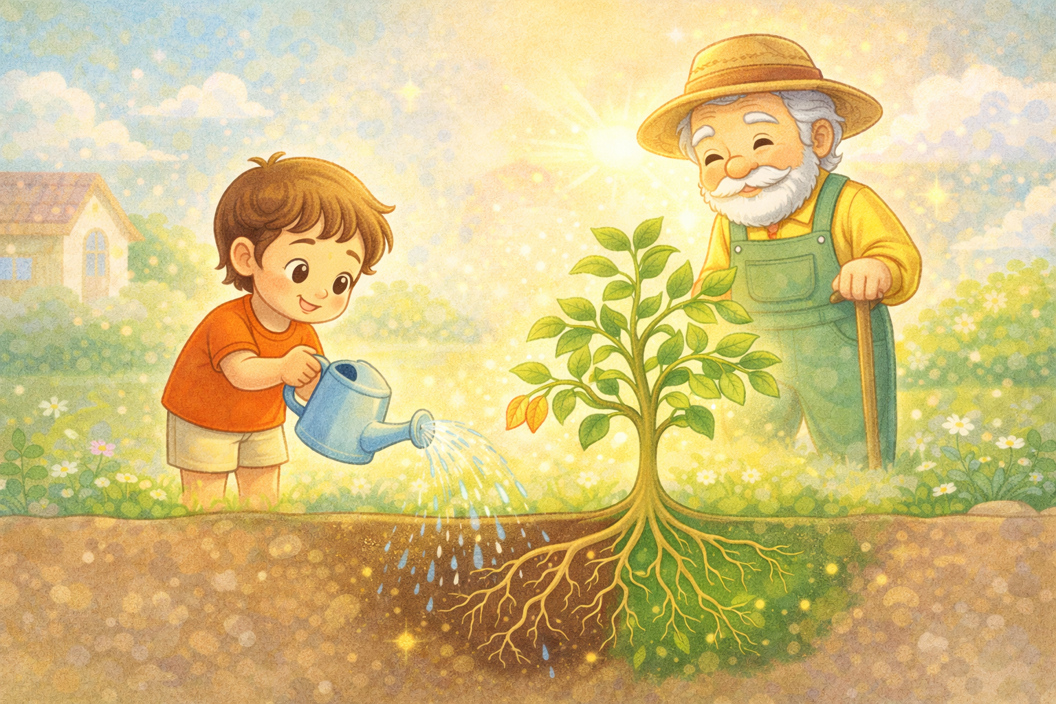 Child watering plant story illustration