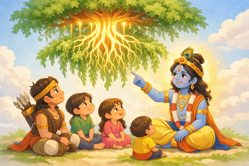 Lord Krishna explaining the upside-down Ashvattha tree to young Arjuna and children, with glowing roots in the sky, soft pastel storybook style, peaceful spiritual scene.