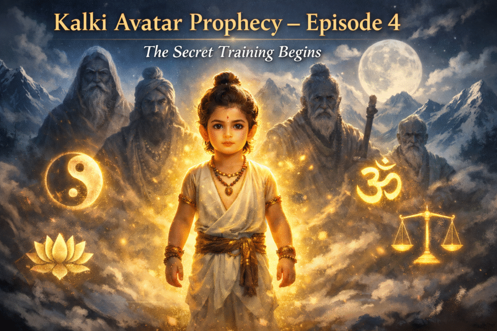 Kalki Avatar Prophecy Episode 4 featured image showing a divine child glowing with golden energy, guided by hidden masters in the moonlit Himalayas