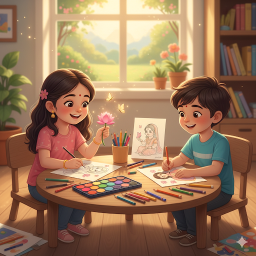 Kids activity: Draw Radha holding a lotus with butterflies and decorate with peacock feather craft, kid friendly illustration