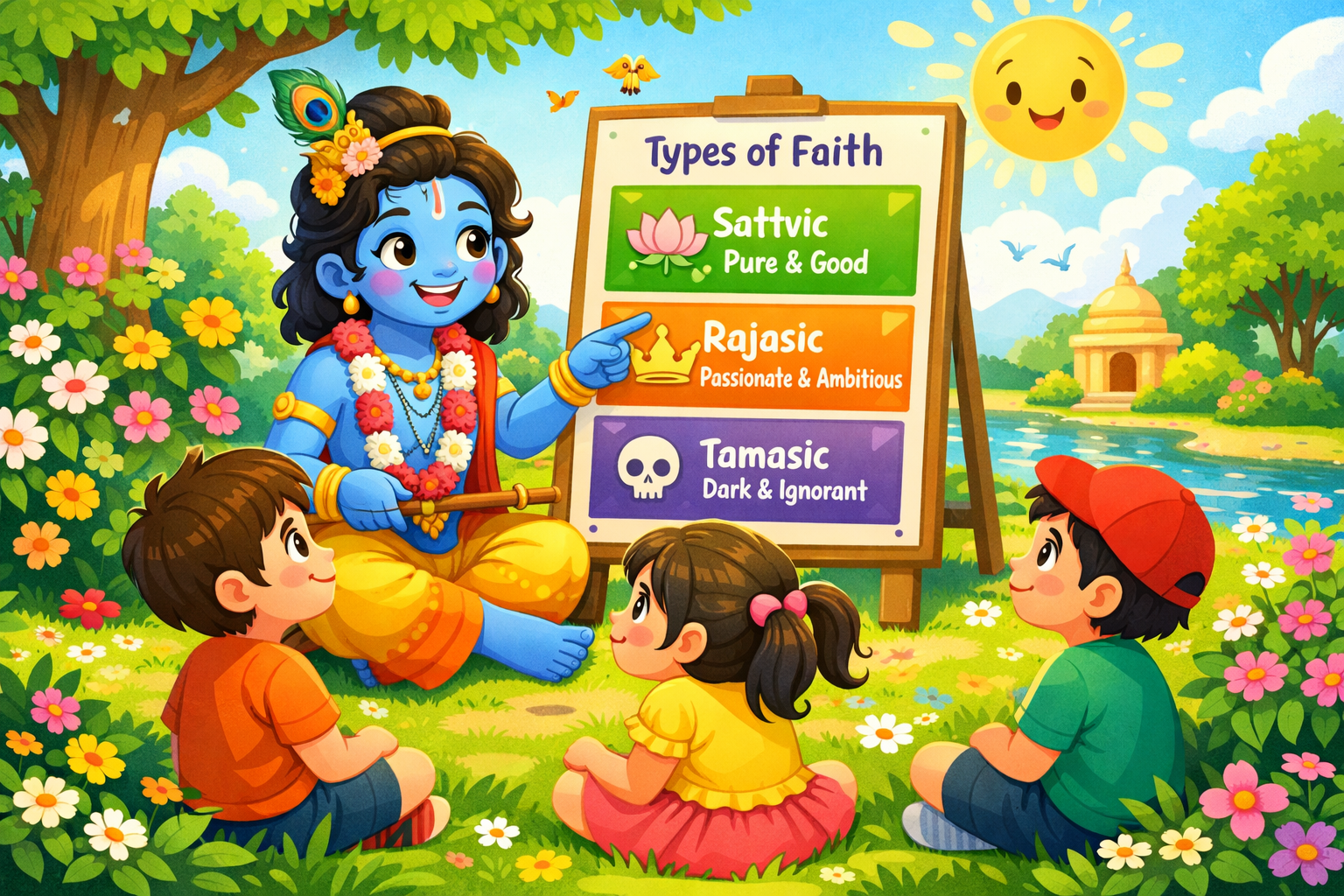 Bhagavad Gita for Kids Chapter 17-Krishna explaining three types of faith to children