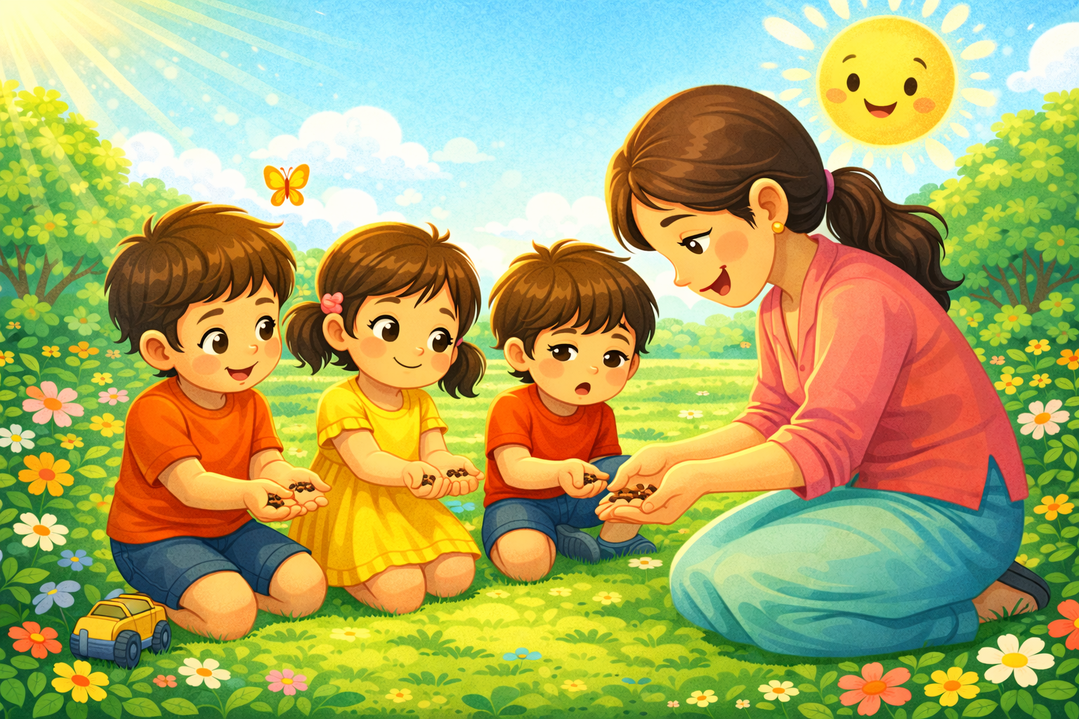 Teacher giving seeds to Parth Riya and Kabir