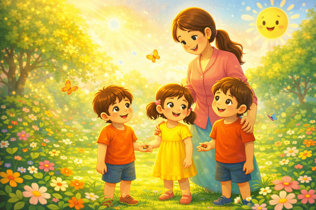 Bhagavad Gita for kids chapter 17 illustration showing a kind teacher guiding three children in a colorful garden, symbolizing faith, values, and learning.