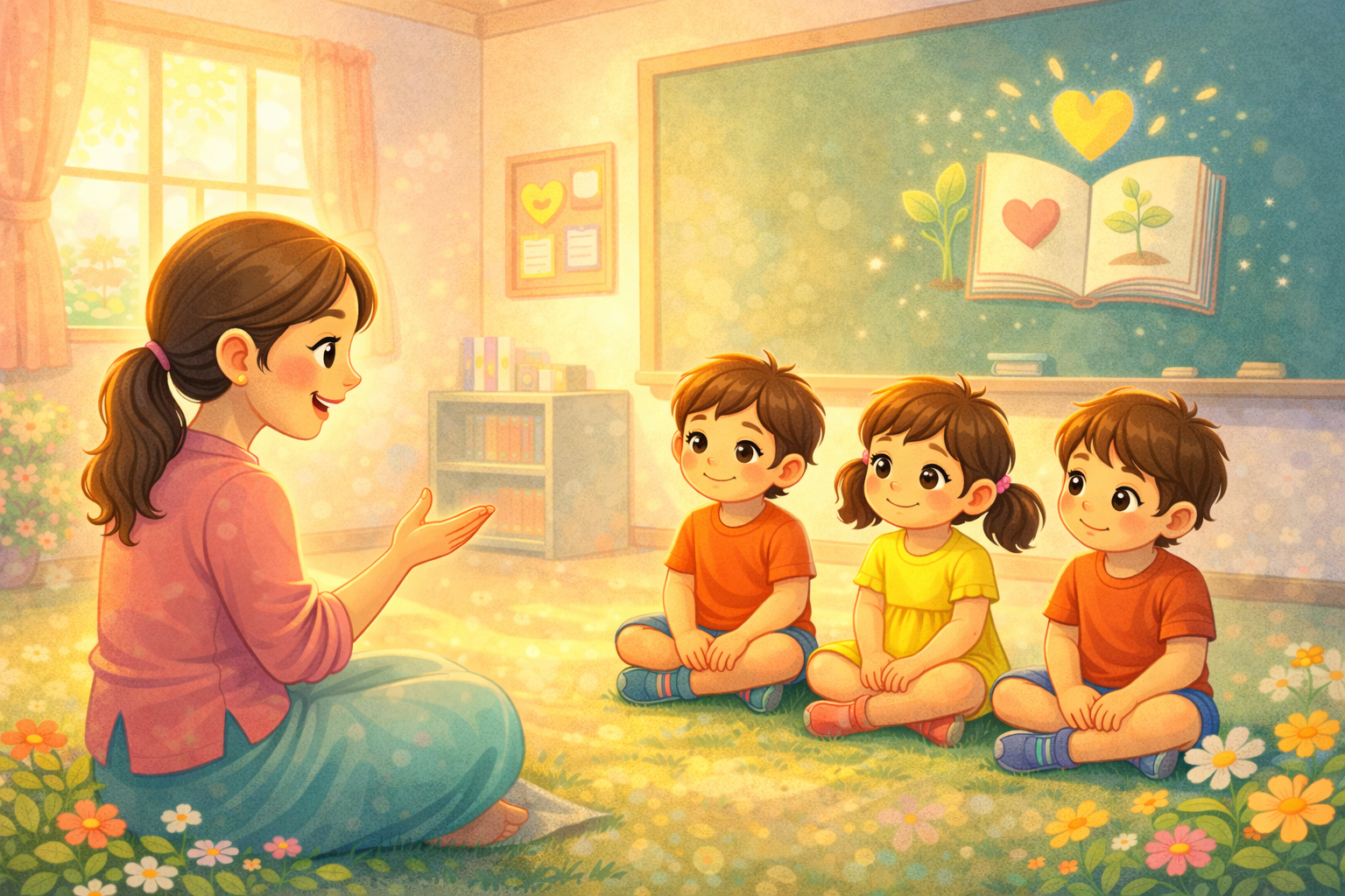 Teacher explaining moral to children