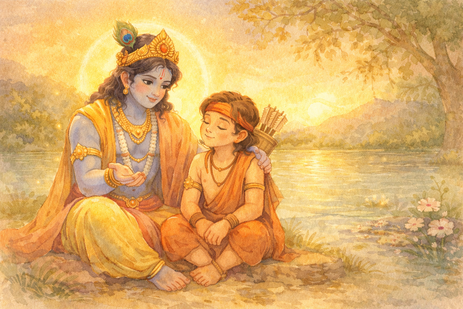Krishna teaching Arjuna shloka 18.66 for kids