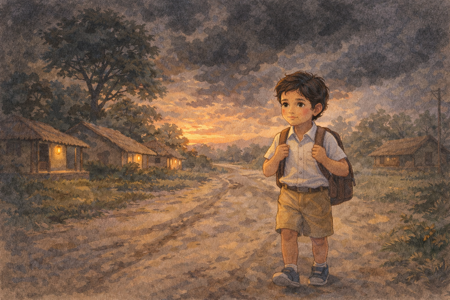 Parth walking alone on a village road during evening, dark clouds, worried expression, cinematic kids illustration