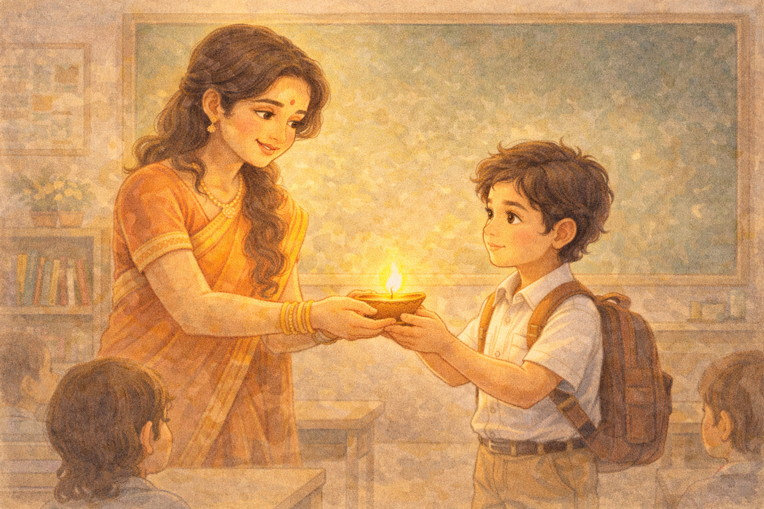Kind teacher giving a small glowing lamp to Parth, warm classroom, soft inspirational illustration for kids