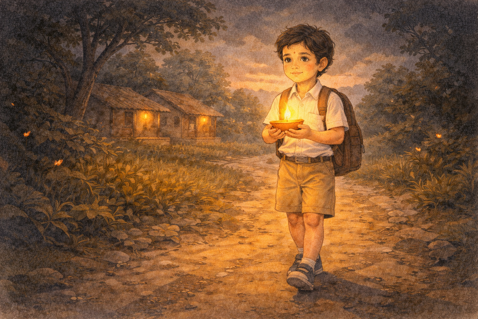 Parth walking confidently with a glowing lamp on a dark path, calm and peaceful, kids spiritual illustration