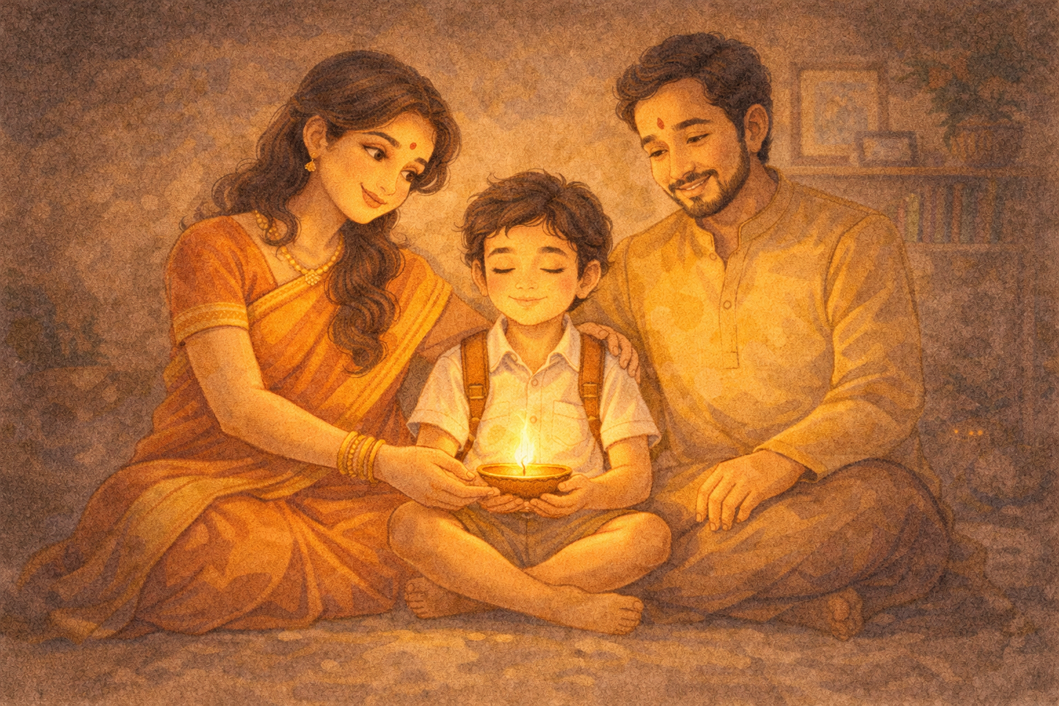 Parth sitting peacefully with parents, soft lamp light, feeling of wisdom and realization, spiritual storybook illustration
