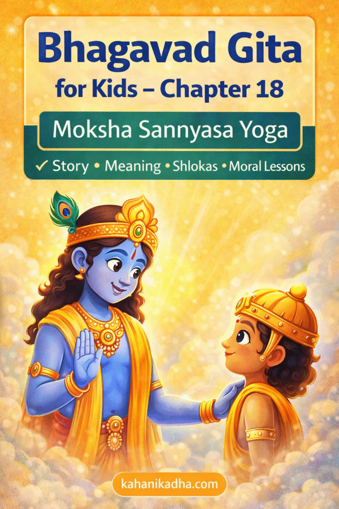 Bhagavad Gita for Kids Chapter 18 illustration showing Krishna teaching child Arjuna with story, meaning and moral lessons