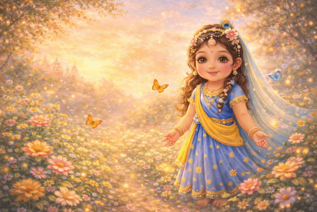 Little Baby Radha smiling peacefully in a colorful flower garden in Barsana with butterflies flying around, soft golden sky and devotional mood
