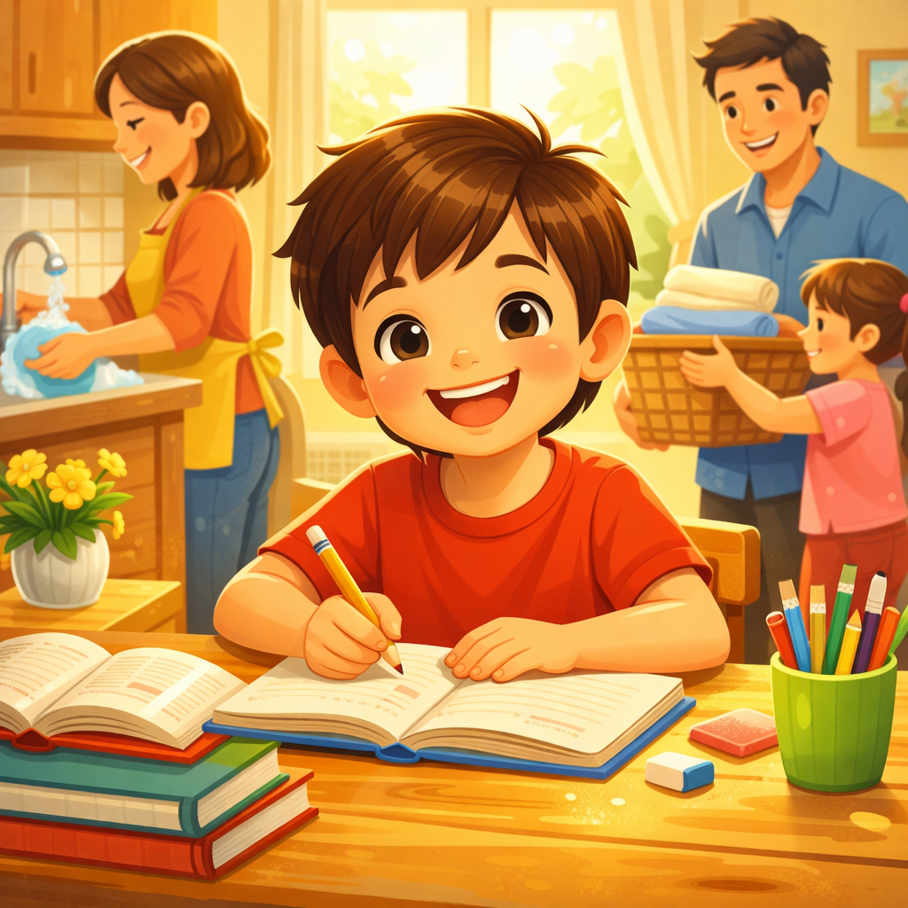 Happy child doing homework or helping family with joy and love, inspired by Bhagavad Gita Chapter 18 for kids