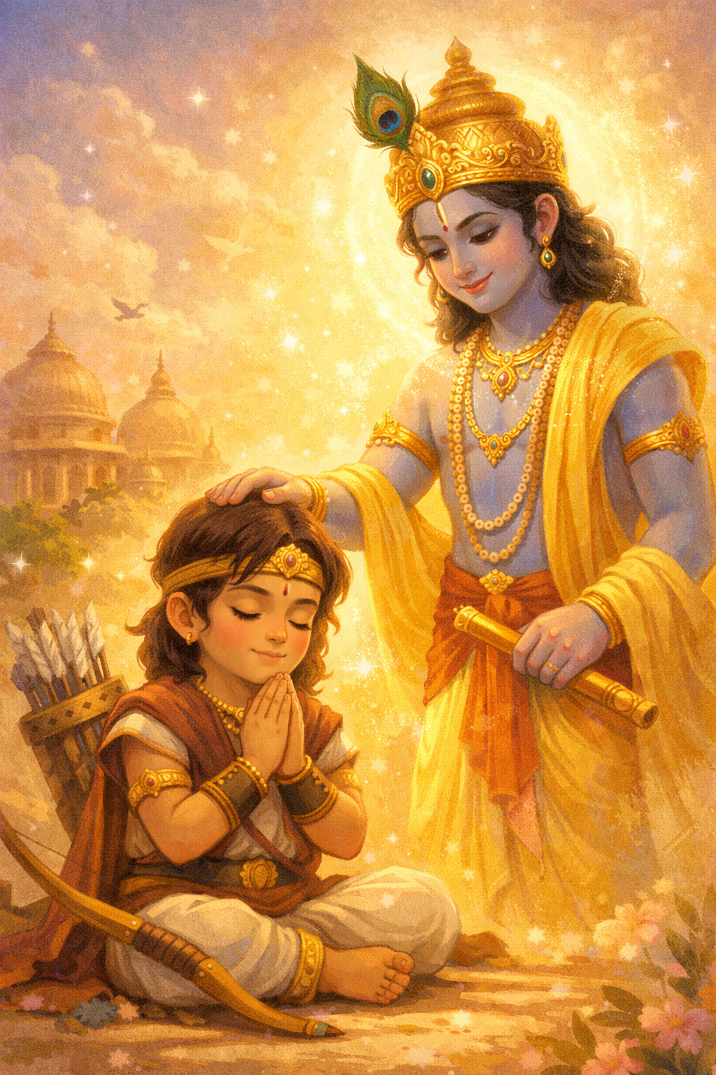 Child Arjuna surrendering peacefully to Lord Krishna with faith and divine light, Bhagavad Gita for kids Chapter 18 illustration