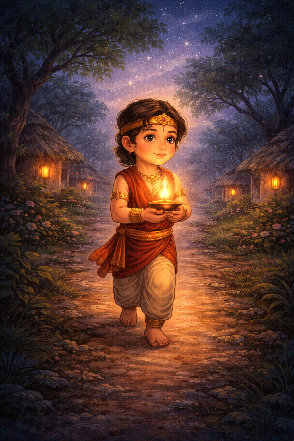 Brave little boy walking on a dark scary village path holding a glowing lamp of faith, symbolizing Krishna's guidance and courage in Bhagavad Gita story for children Chapter 18