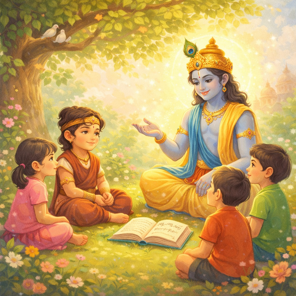 Kid-friendly colorful illustration of Lord Krishna gently teaching young Arjuna and children under a peaceful tree, Bhagavad Gita Chapter 18 for kids