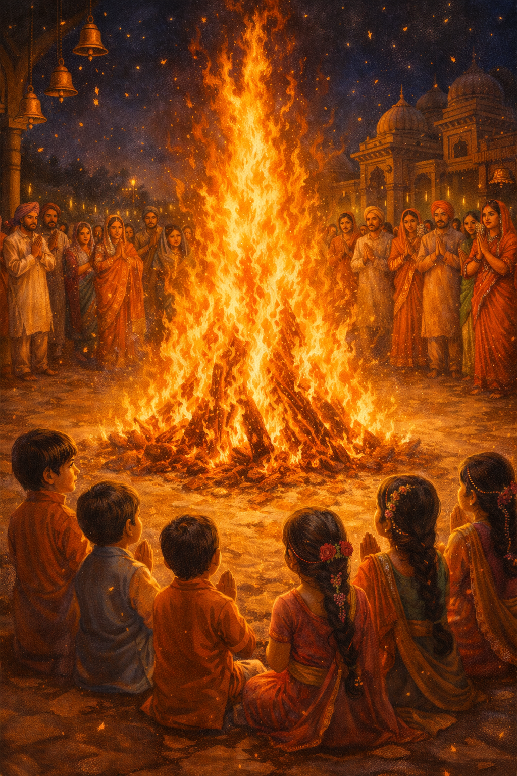 Holika Dahan bonfire scene illustration