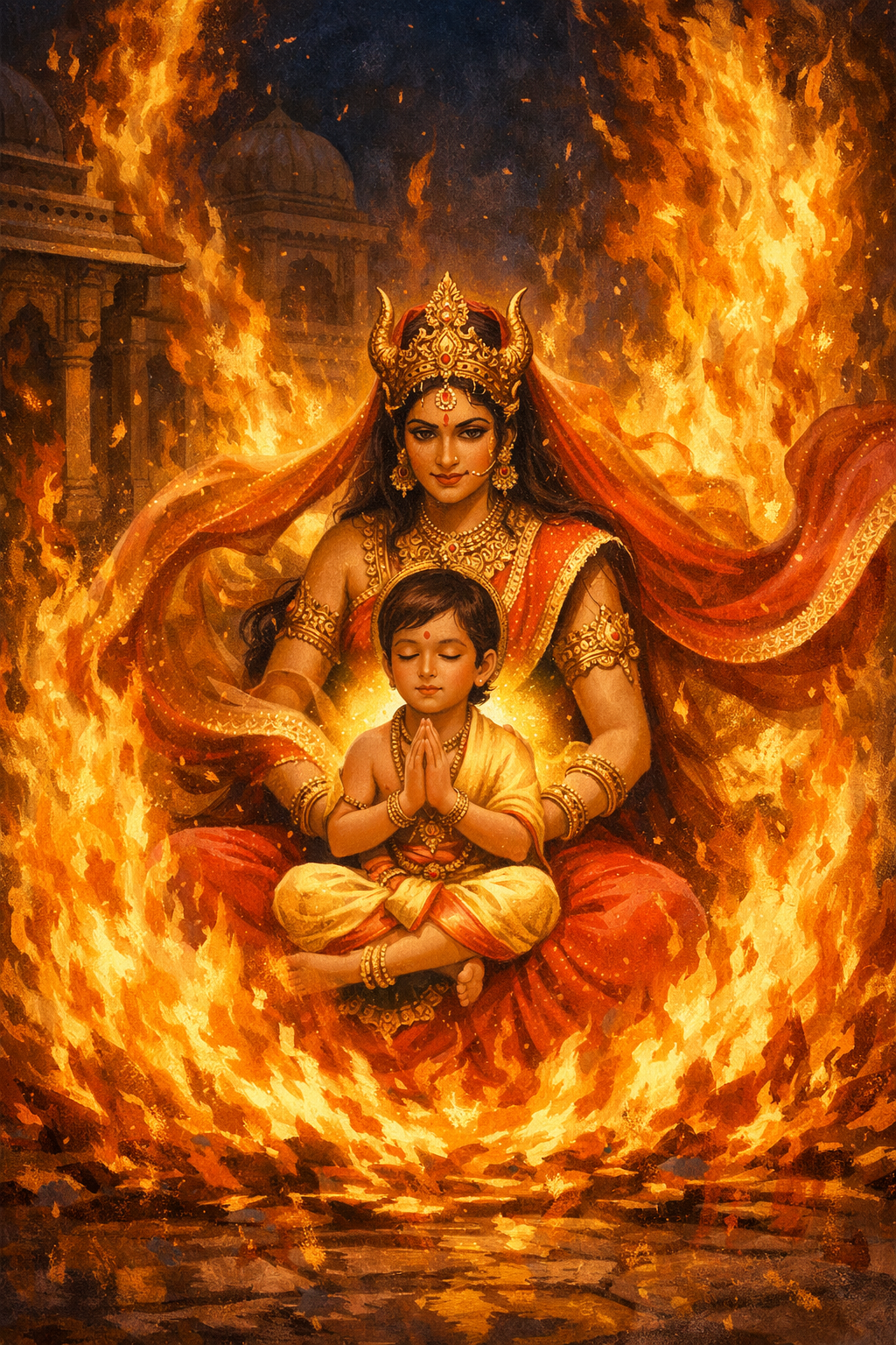 Holika Dahan Story for Kids-Holika sitting in fire with Prahlad protected by divine grace illustration