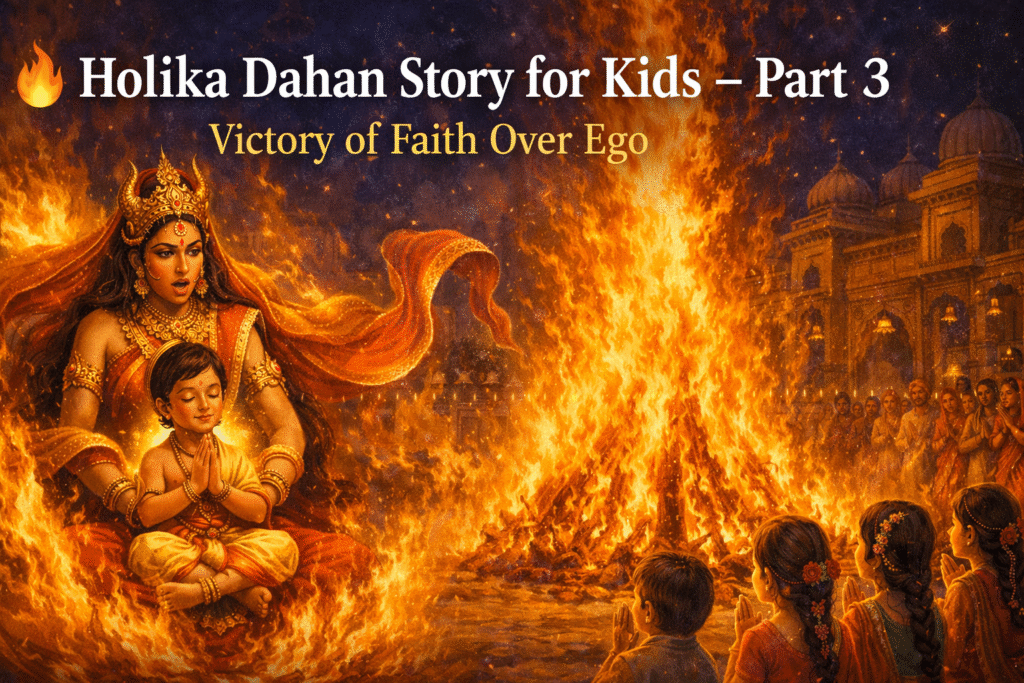 Holika Dahan story illustration for kids showing Prahlad protected by divine light while sitting in sacred fire with Holika, symbolizing victory of faith over ego during the Hindu festival of Holi.