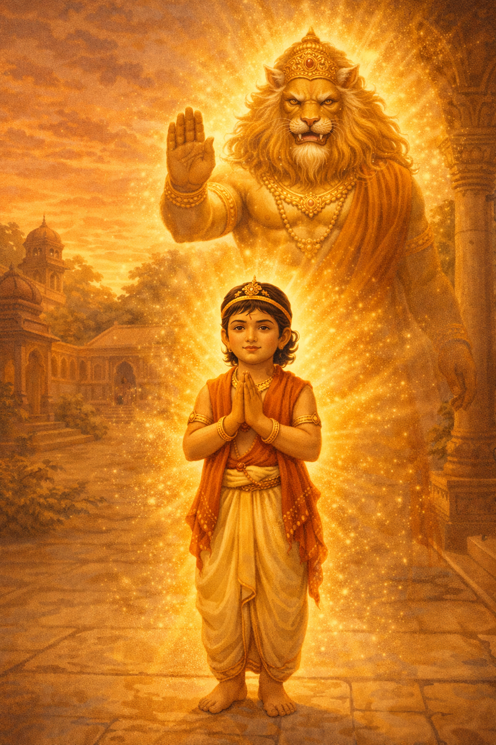 Prahlad praying peacefully with folded hands, symbol of pure devotion and faith in Lord Vishnu