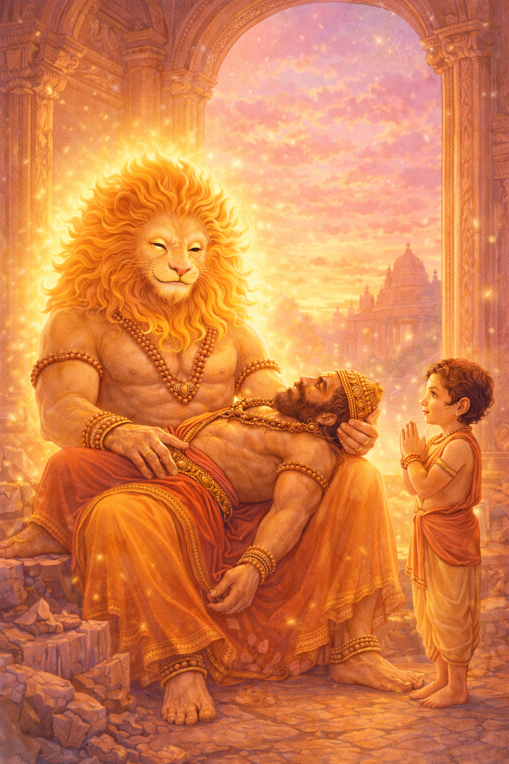 Children’s illustration of Lord Narasimha peacefully seated with Hiranyakashipu in a symbolic defeated pose while young Prahlad prays with folded hands at sunset