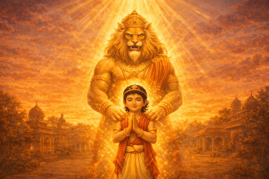 Lord Narasimha protecting Prahlad in a devotional Prahlad story for kids illustration with golden divine aura.