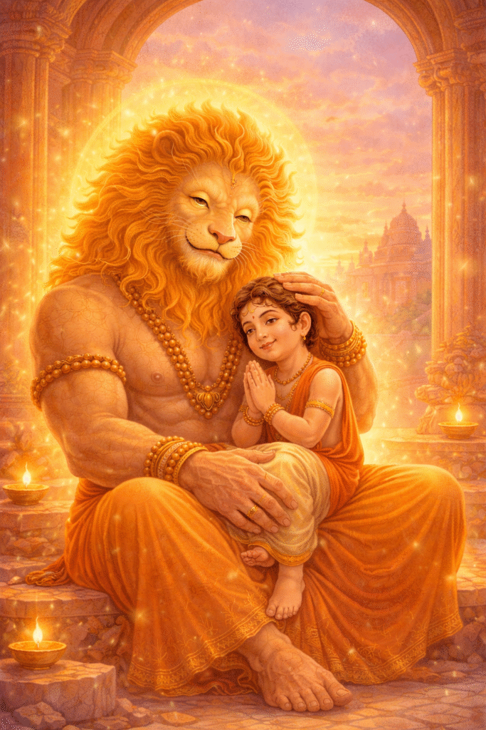 Soft devotional illustration of Lord Narasimha gently blessing young Prahlad sitting in his lap during a golden sunset in a peaceful palace setting.