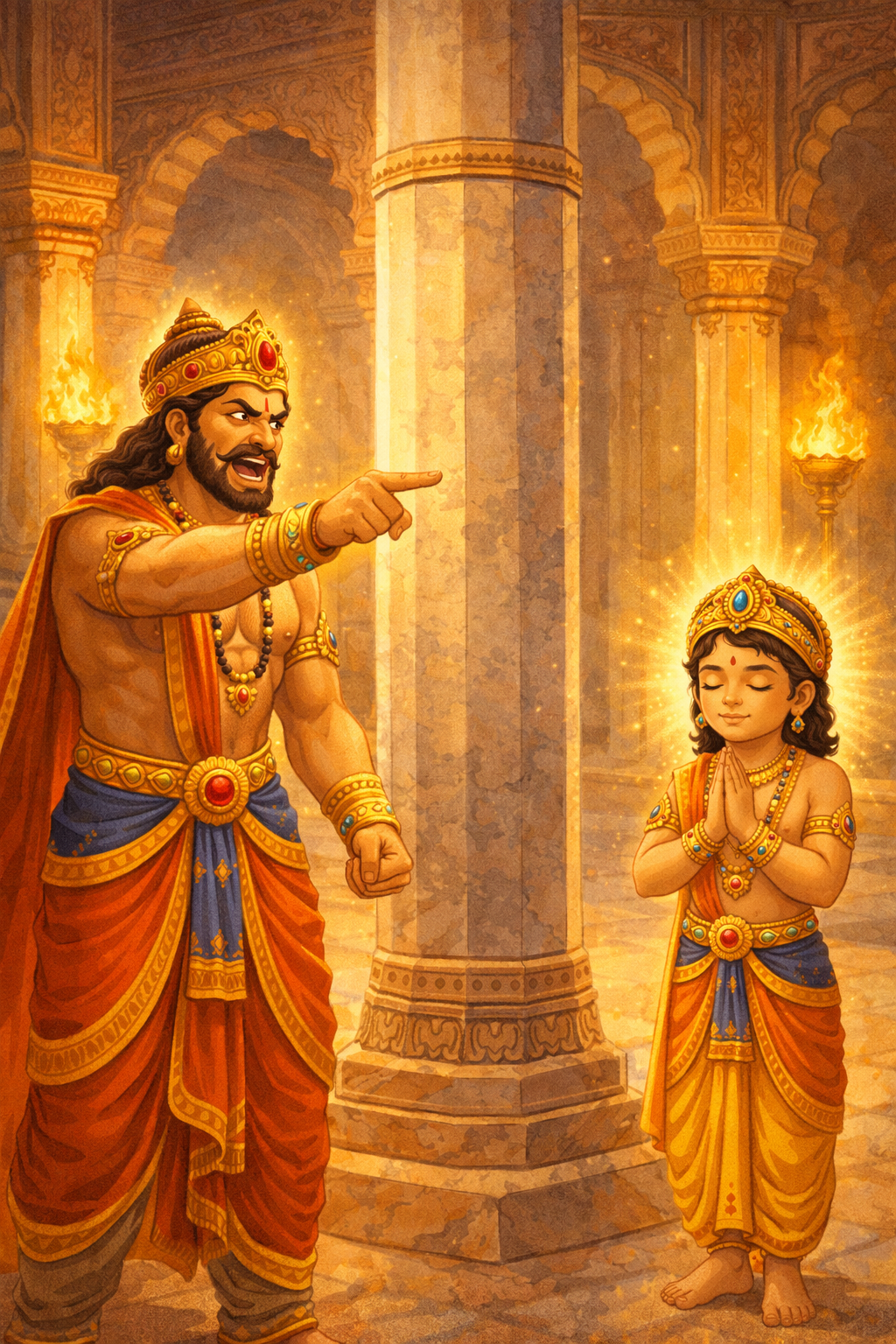 Story of Prahlad for kids – Hiranyakashyap pointing at pillar