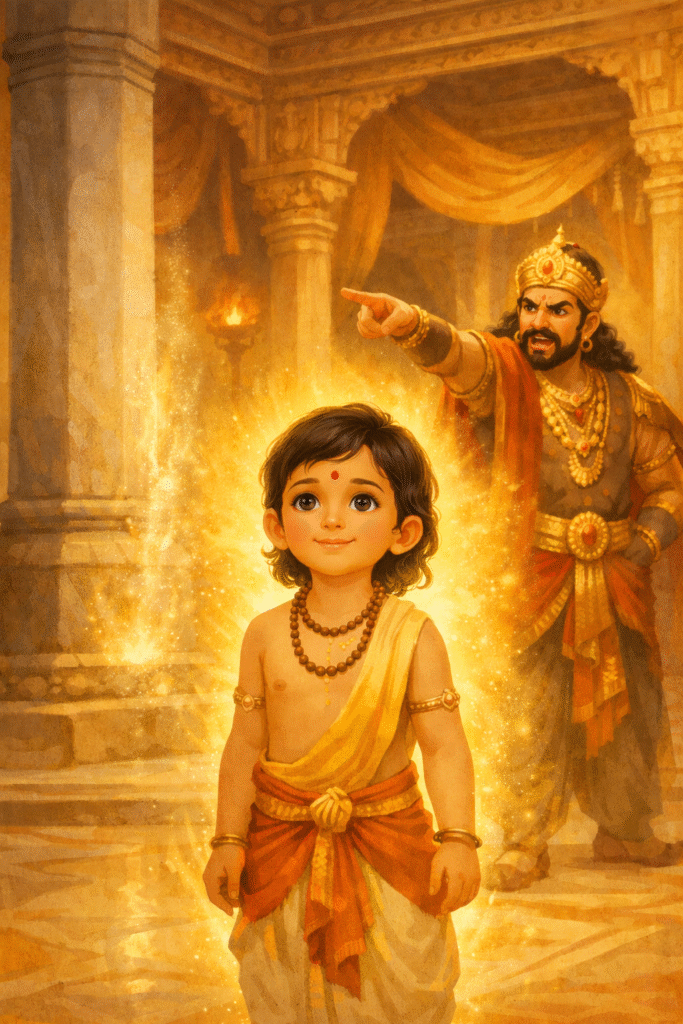 Story of Prahlad for Kids illustration showing young Prahlad standing fearlessly in palace while King Hiranyakashyap points at pillar