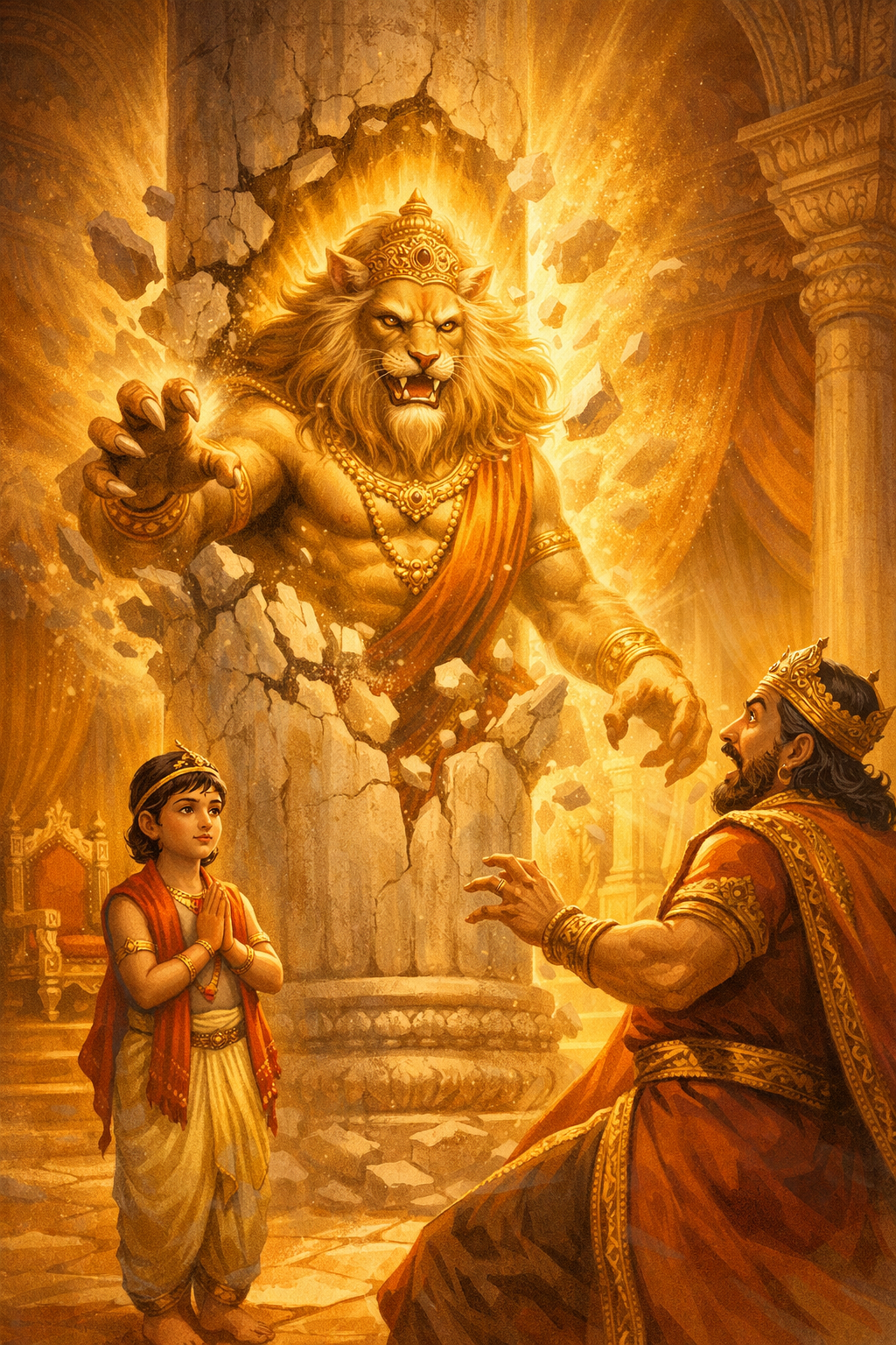 Story of Prahlad for kids part 2 illustration – Hiranyakashyap hitting pillar before Narasimha appears