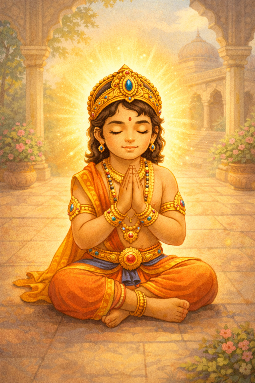 Story of Prahlad for kids illustration – young Prahlad praying