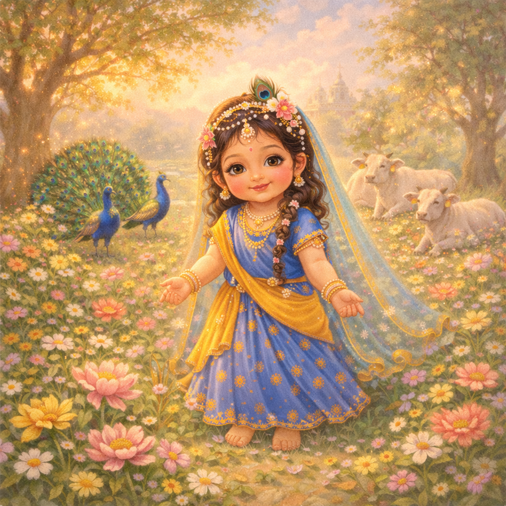 Nature responding to baby Radha: flowers blooming extra bright, cows peaceful, peacocks dancing, magical yet gentle illustration