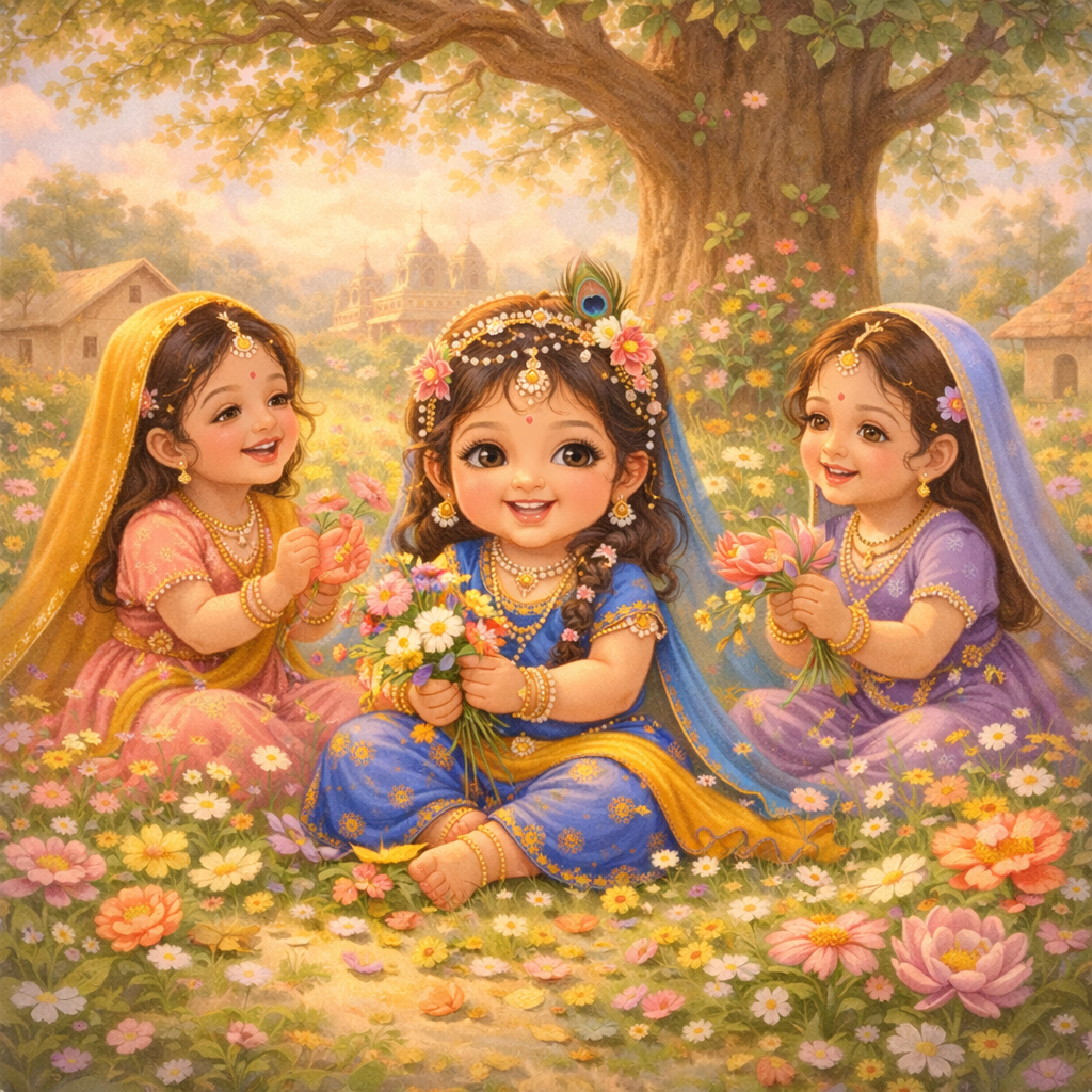 Toddler Radha playing happily with her sakhis Lalita and Vishakha under a tree, flowers everywhere, joyful scene