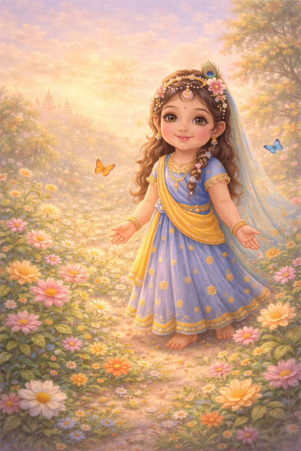  Baby Radha story for kids-Little Radha smiling innocently in a flower garden, sakhis around, soft breeze, devotional art for kids