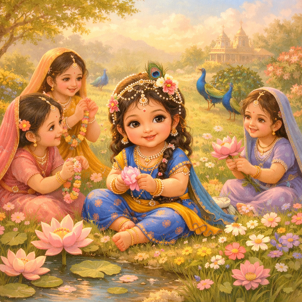 Adorable toddler Radha Rani in Barsana, playing with sakhis, lotus flowers blooming, peacocks dancing, soft golden light, kid-friendly devotional illustration
