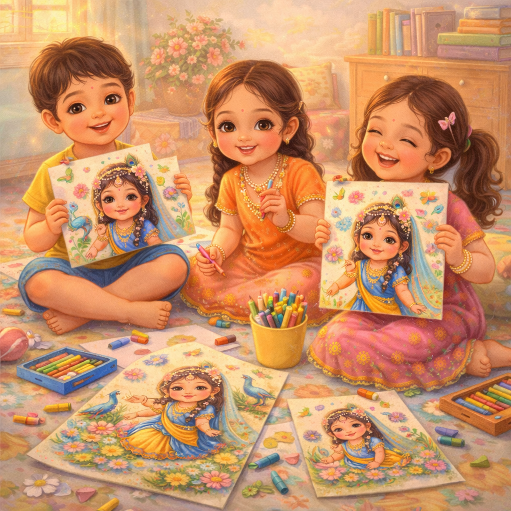 Kids drawing radha with friends, flowers, and writing kind acts, colorful and fun