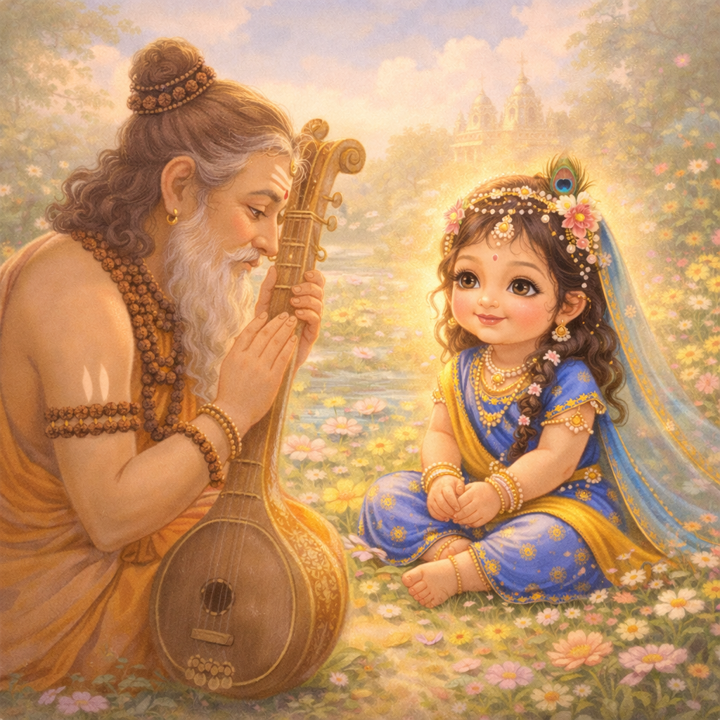 Sweet scene of child Radha innocently talking to Sage Narad who is emotional, holding veena, gentle and devotional for kids