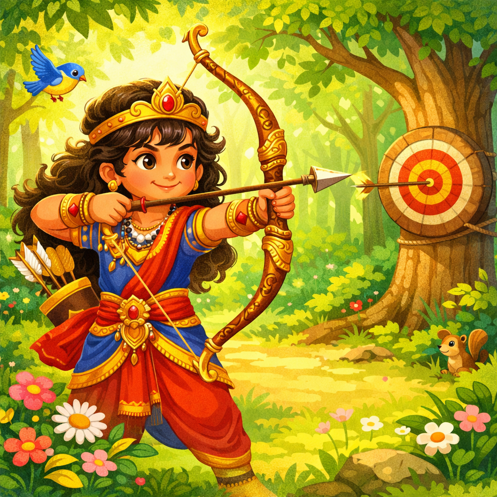 Young Barbarik practicing archery in forest during Mahabharat era