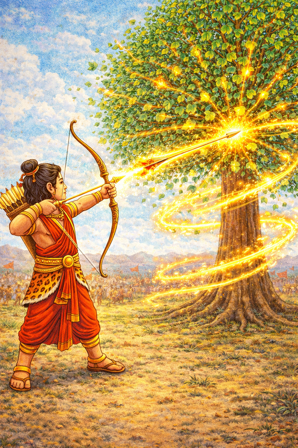 Barbarik shooting magical arrow at peepal tree with glowing divine energy Teen Baan Dhari Barbarik story for kids