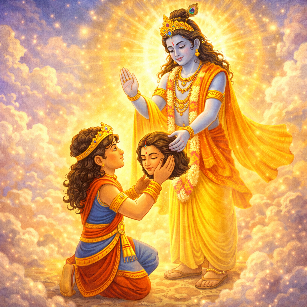 Barbarik offering his head to Lord Krishna with devotion Teen Baan Dhari Barbarik story for kids