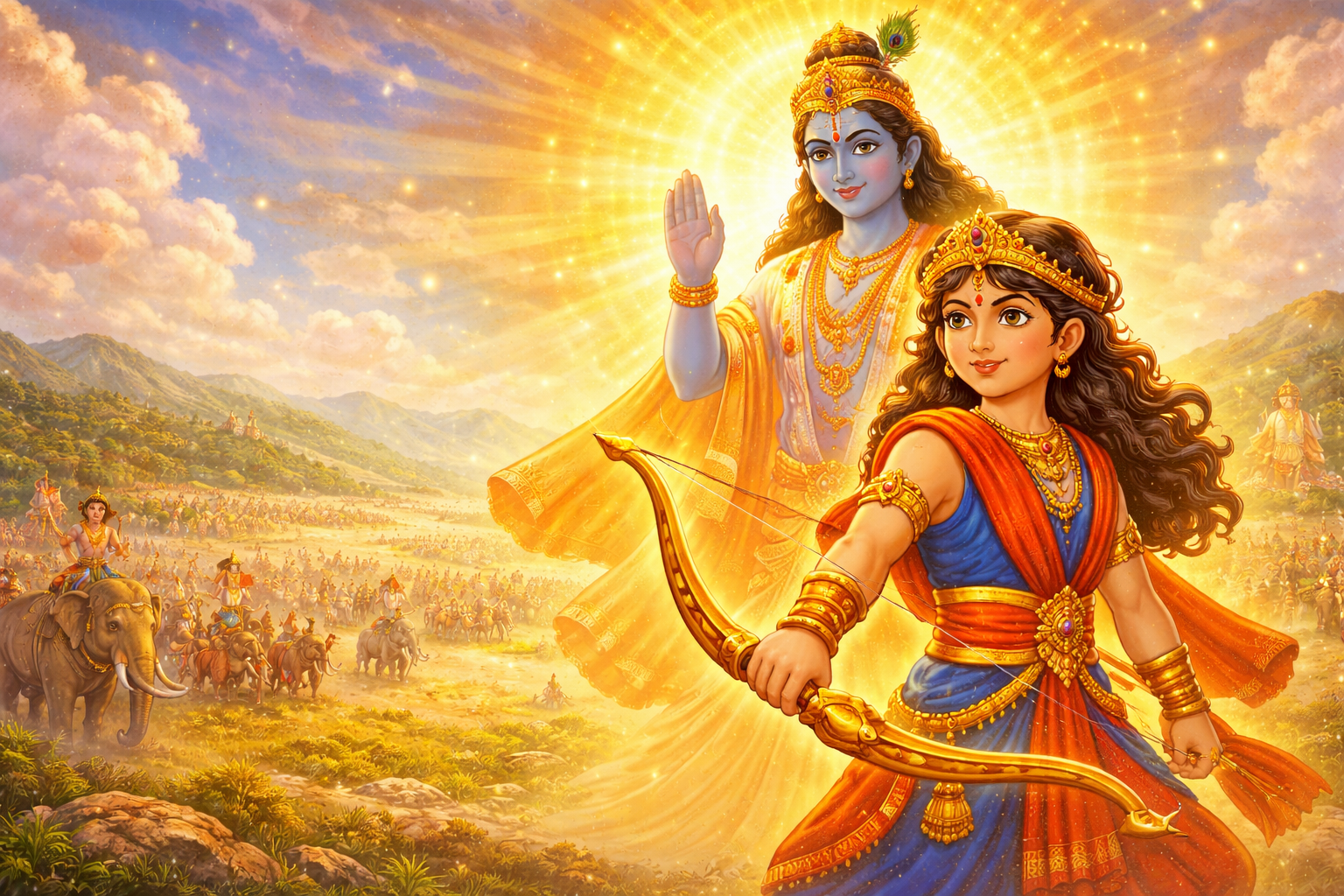 Barbarik Teen Baan Dhari with three magical arrows and Lord Krishna blessing him on Kurukshetra battlefield Mahabharat Story for Kids