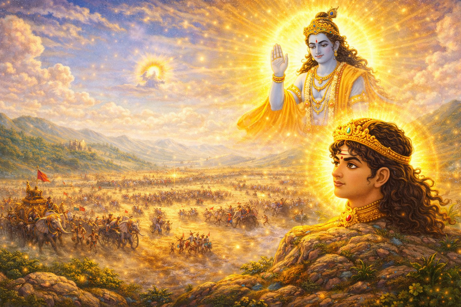 Barbarik divine head watching the Mahabharata war from a hill Teen Baan Dhari Barbarik story for kids