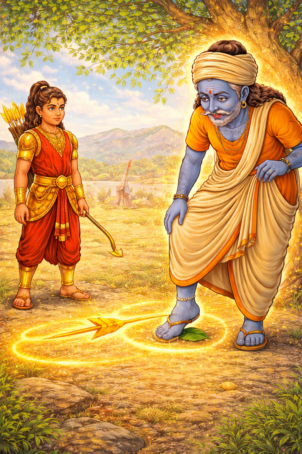Magical arrow hovering near Krishna foot detecting hidden peepal leaf Teen Baan Dhari Barbarik story for kids