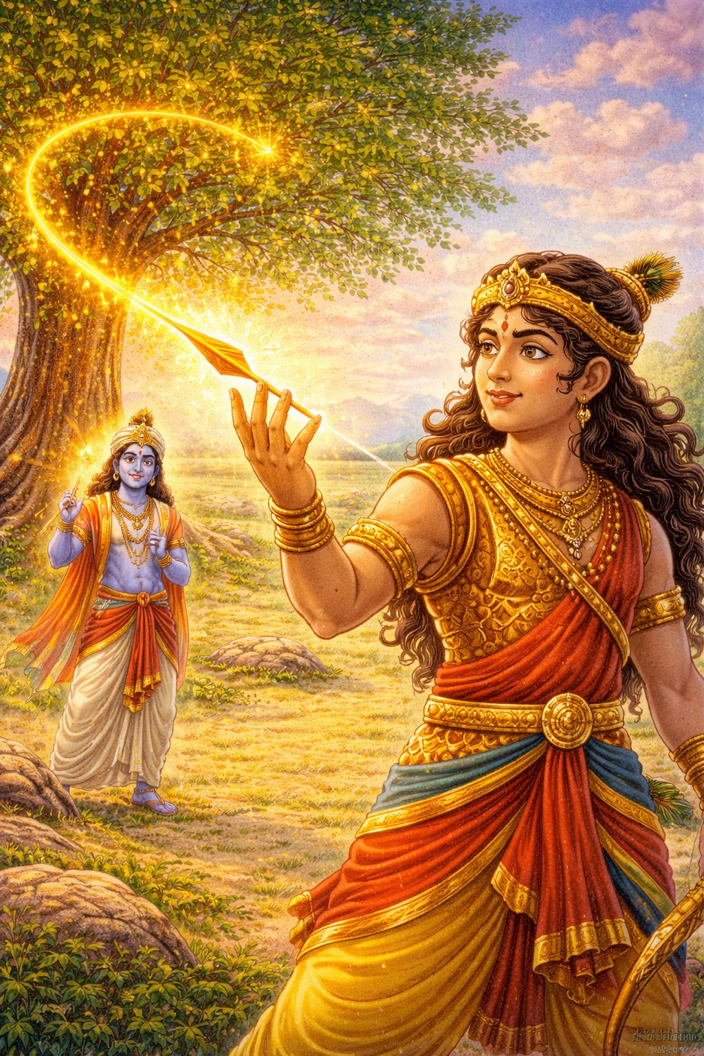 Magical arrow completing its task and returning to Barbarik after piercing all leaves Teen Baan Dhari Barbarik story for kids