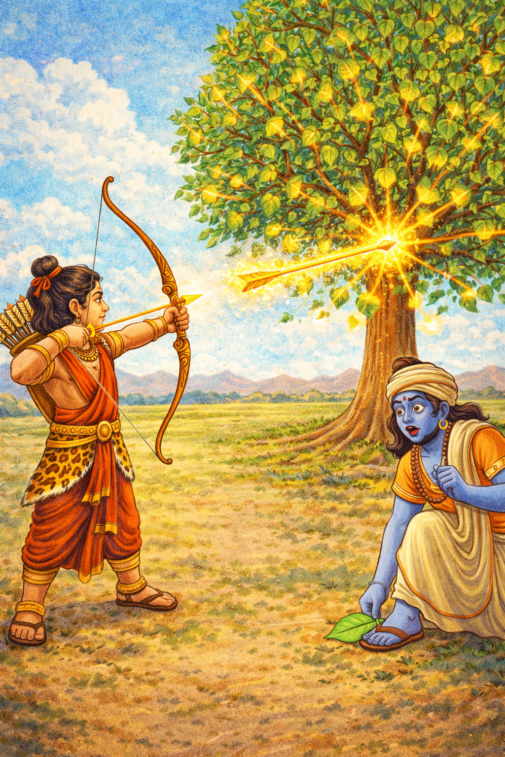 Lord Krishna hiding a peepal leaf under his foot while testing Barbarik Teen Baan Dhari Barbarik story for kids
