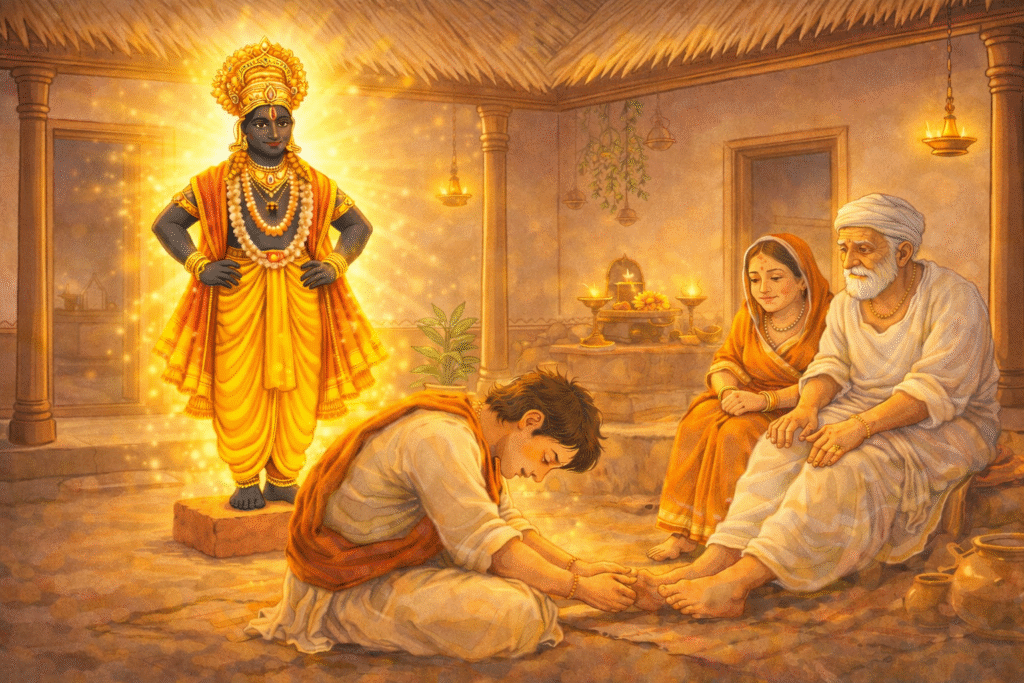 Lord Vitthal standing on a brick with hands on waist and divine glow inside a traditional Indian house