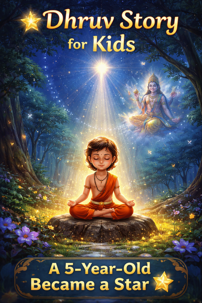 Dhruv Bhakt Story for Kids illustration of young Dhruv meditating in forest under Dhruv Tara with Lord Vishnu blessing