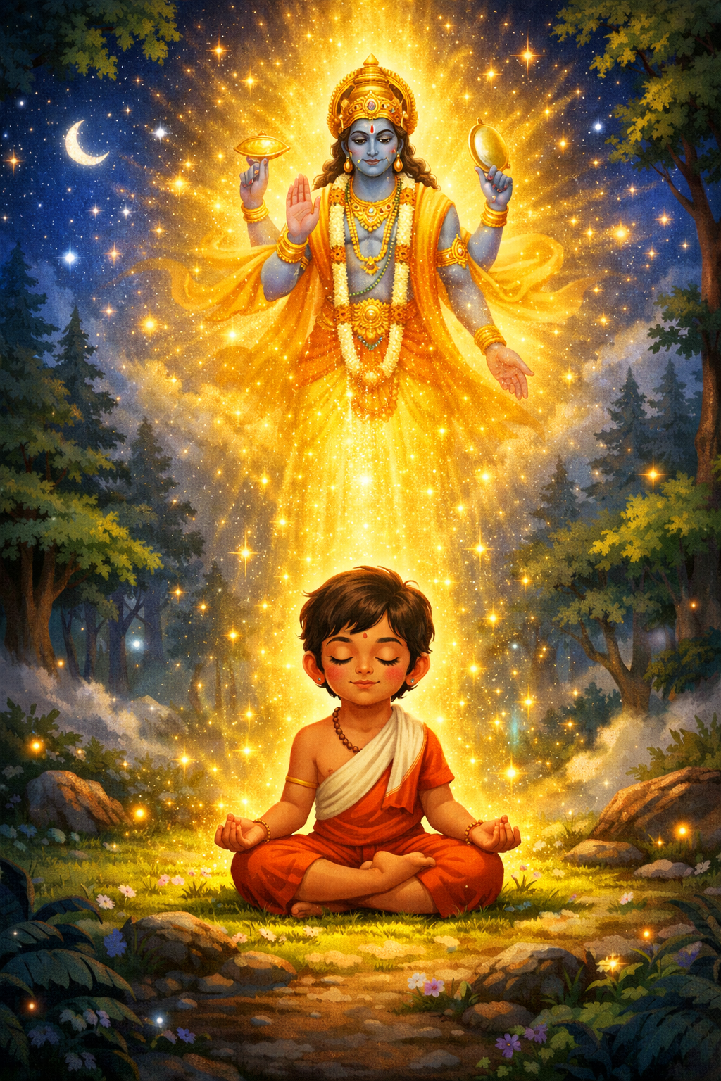 Dhruv Story for Kids meditating in forest under night sky and Lord Vishnu blessing him, dhruv tara story illustration