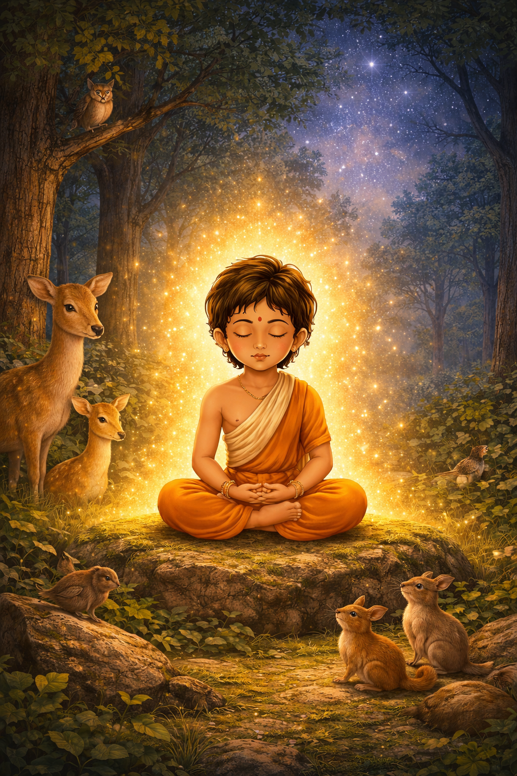 Dhruv story for kids doing intense meditation in forest with divine aura
