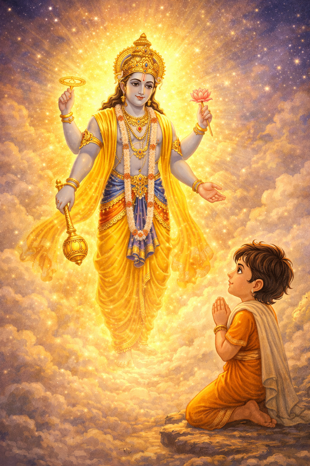 Lord Vishnu appearing before Dhruv story for kids with divine blessing